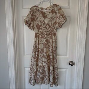 Beige Floral Midi Dress with Puff Sleeves